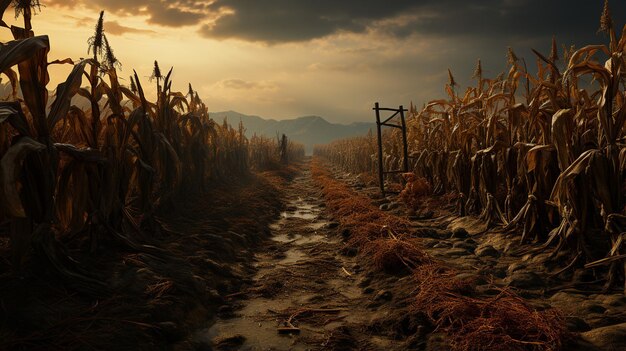 Foto uma estrada de terra em um campo de milho ao pôr-do-sol
