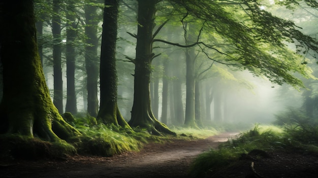 uma estrada de terra em uma floresta com árvores altas