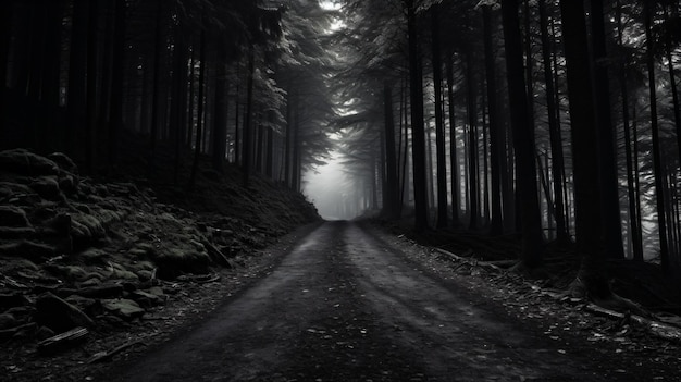 Foto uma estrada de terra em uma floresta escura com árvores