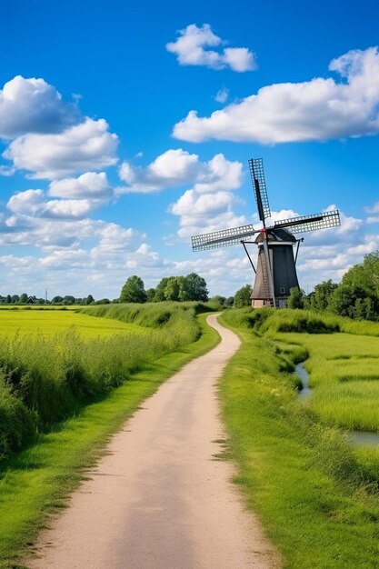 Foto uma estrada de terra leva a um moinho de vento com um fundo de céu