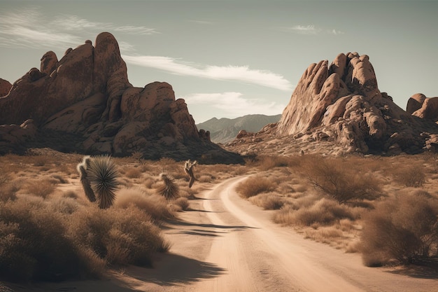 Uma estrada de terra no deserto com montanhas e rochas