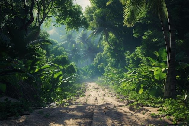 Uma estrada de terra que atravessa a selva