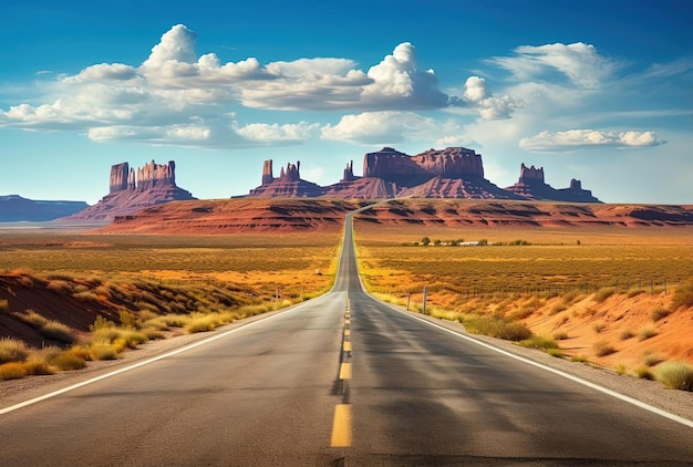 uma estrada deserta aberta em Monument Valley no estilo de paisagens fotorrealistas