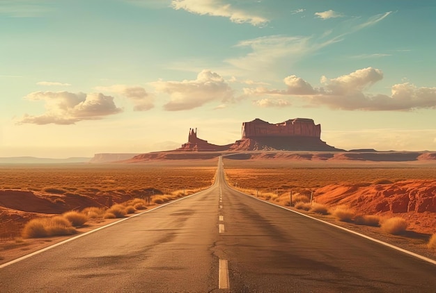 uma estrada deserta aberta em Monument Valley no estilo de paisagens fotorrealistas