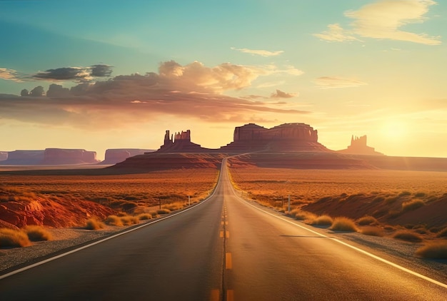 uma estrada deserta aberta em Monument Valley no estilo de paisagens fotorrealistas