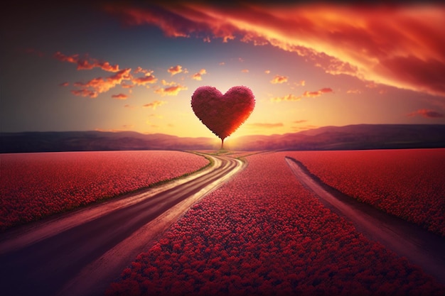 Foto uma estrada em forma de coração com um pôr do sol vermelho ao fundo