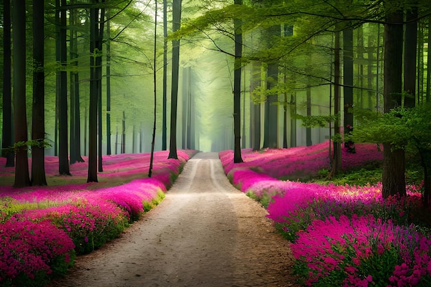 Uma estrada em uma floresta com flores cor de rosa