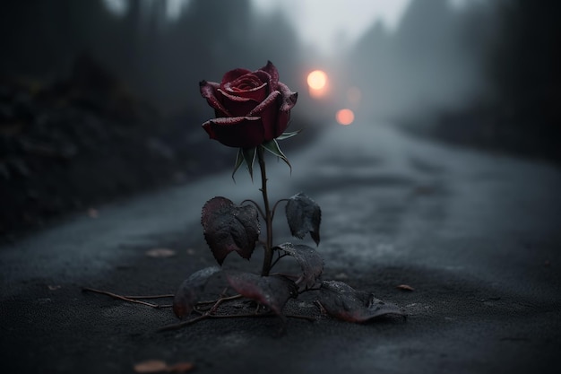 Uma estrada escura com uma rosa vermelha no meio