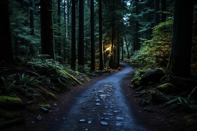 uma estrada escura no meio de uma floresta à noite