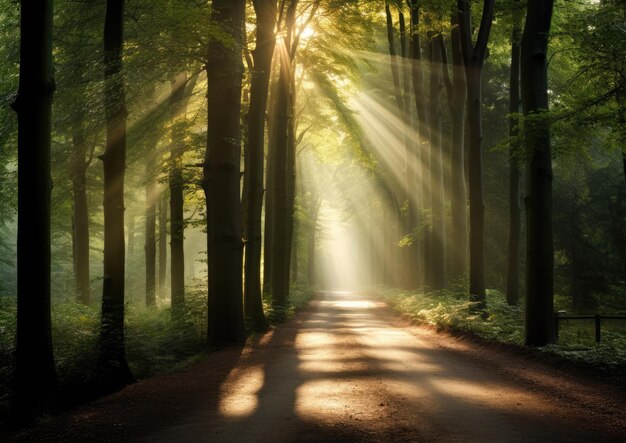 Uma estrada florestal com os raios do sol rompendo as árvores