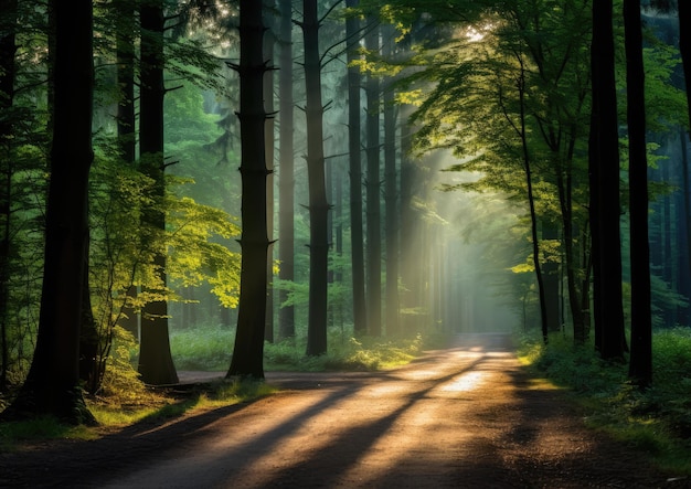 Uma estrada florestal iluminada pelo sol da manhã