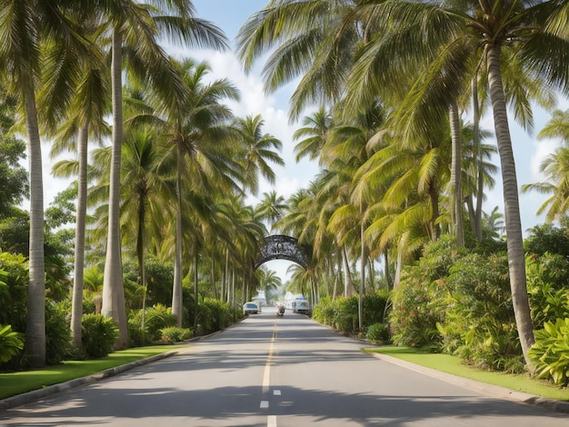 Foto uma estrada ladeada por palmeiras e arbustos