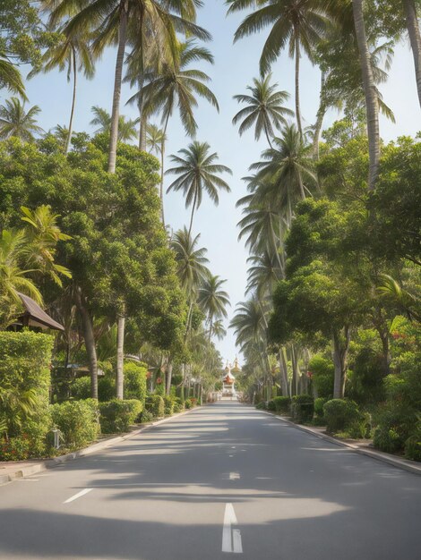 Foto uma estrada ladeada por palmeiras e arbustos