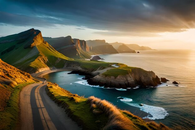 Uma estrada leva à beira de um penhasco com um pôr do sol ao fundo.