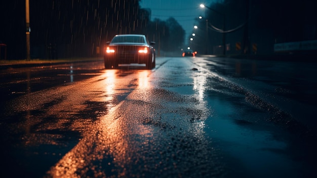 Uma estrada molhada com algumas luzes acesas à noite IA generativa