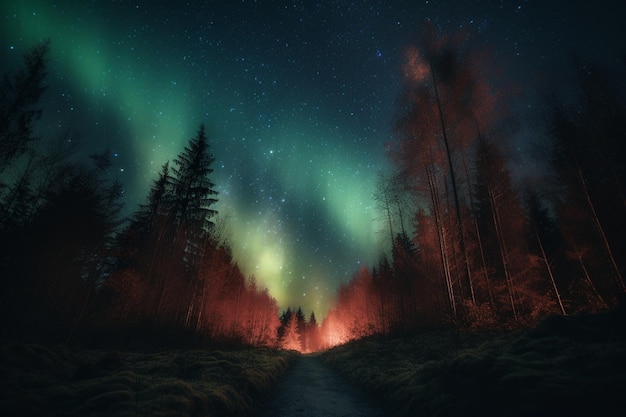 Uma estrada na floresta com a aurora boreal no céu acima dela.