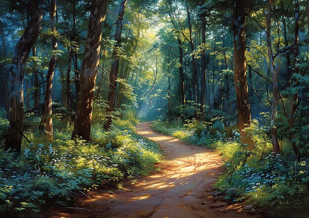 uma estrada na floresta com um sol brilhando através das árvores