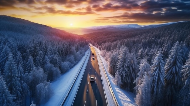 Uma estrada nas montanhas com um pôr do sol ao fundo