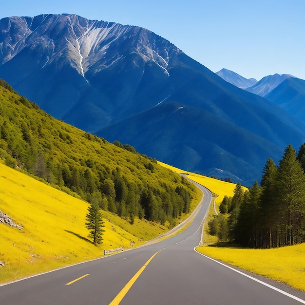 Uma estrada nas montanhas com uma linha amarela em primeiro plano