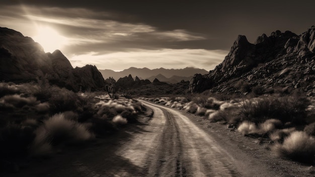 Uma estrada no deserto com montanhas ao fundo