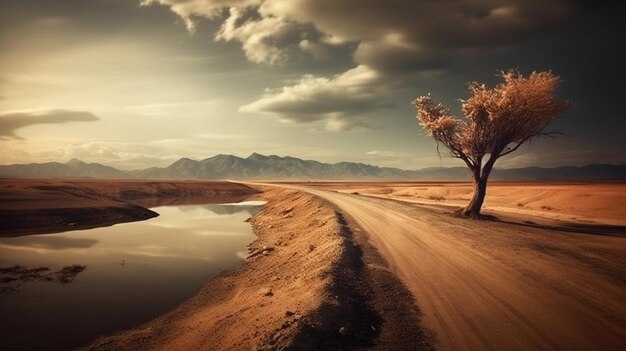 Uma estrada no deserto com um lago e uma árvore do lado esquerdo.