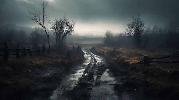 Uma estrada no escuro com um céu nublado