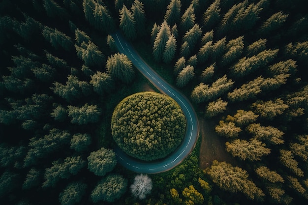 Uma estrada no meio da floresta vista de cima