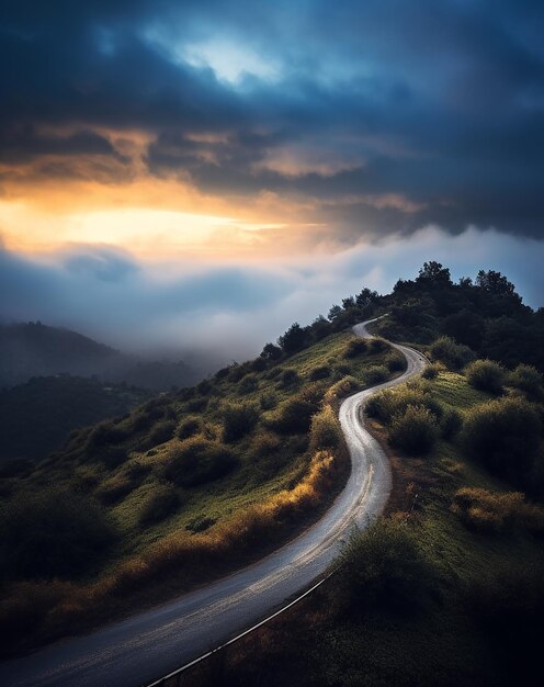 uma estrada pavimentada em uma montanha à distância