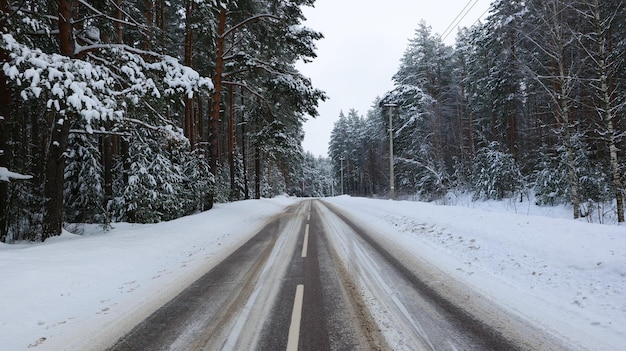 Foto uma estrada pela floresta no inverno