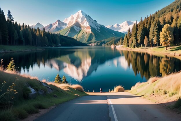 Uma estrada que leva a um lago de montanha com um céu azul e uma linha branca que diz "montanha"