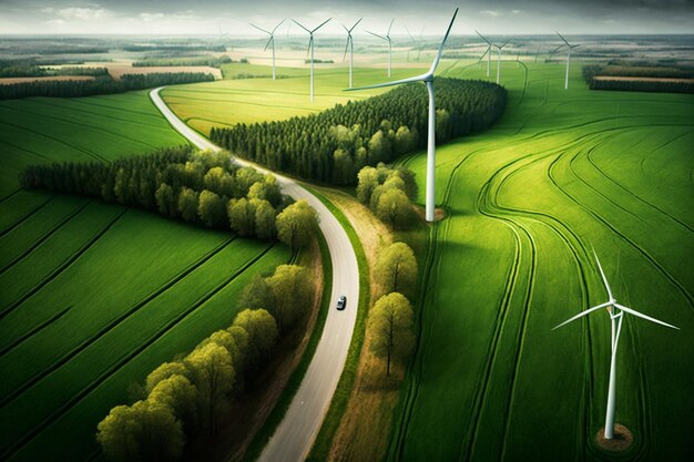 Uma estrada que leva a um parque eólico com uma estrada que tem turbinas eólicas.