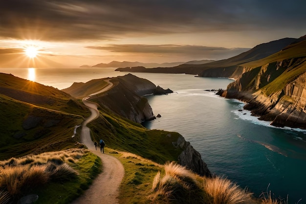 Foto uma estrada que leva a um penhasco com um pôr do sol ao fundo