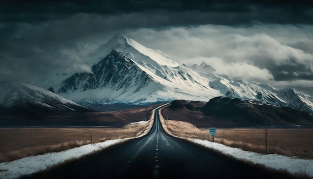 Uma estrada que leva a uma montanha de neve