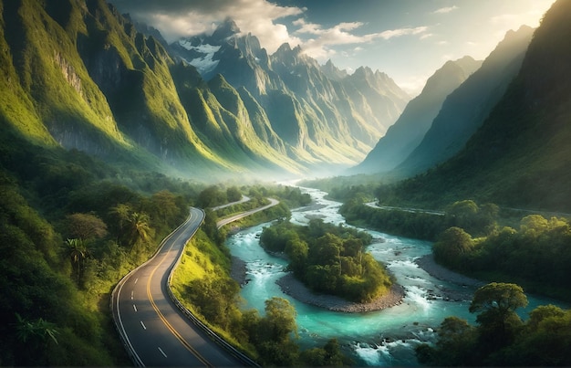 Foto uma estrada que serpenteia entre rios verdes e montanhas altas