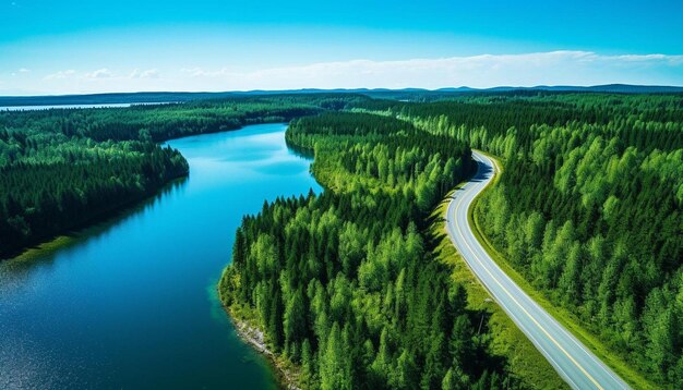 uma estrada que tem um lago e uma rodovia no fundo