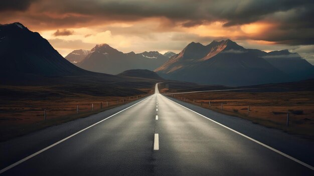 Uma estrada reta pavimentada leva à montanha