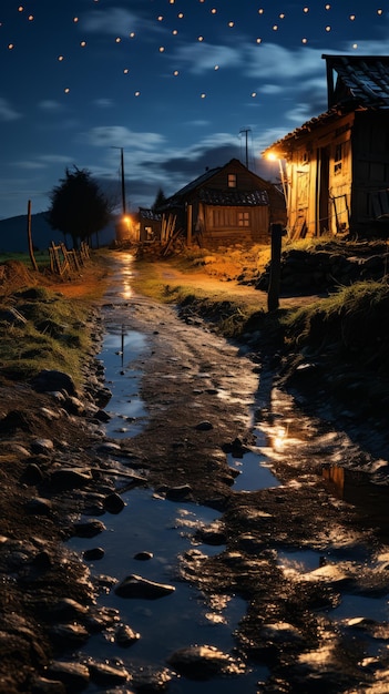 Uma estrada rural à noite com poças refletindo a luz das casas