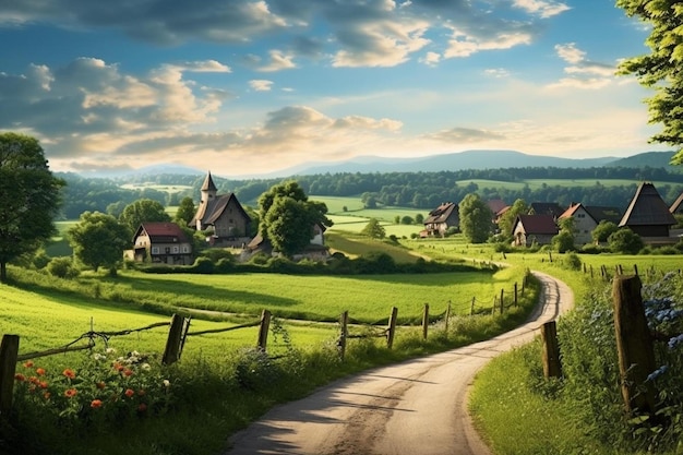 uma estrada secundária com uma casa de campo na colina