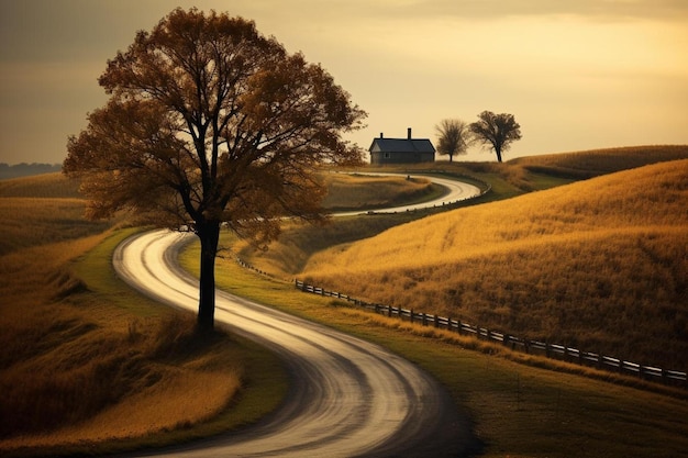 uma estrada secundária com uma casa no horizonte