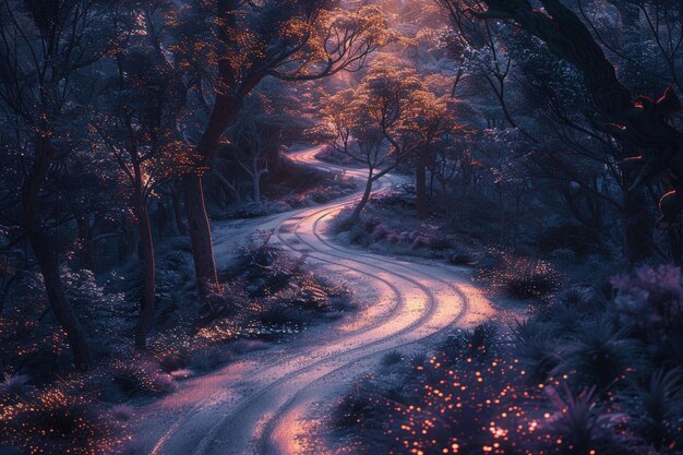 Uma estrada sinuosa através de uma floresta iluminada pelo