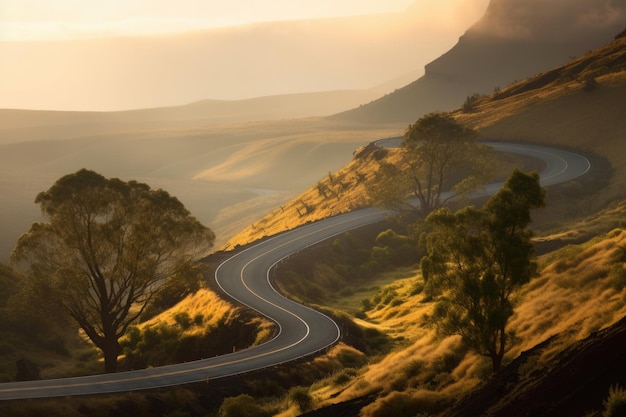 Uma estrada sinuosa nas montanhas com o sol se pondo atrás dela.