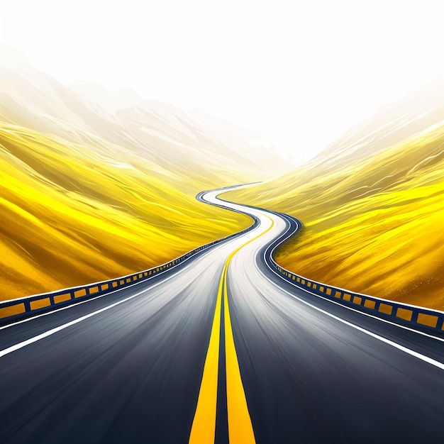 Uma estrada sinuosa que se estende à distância, cercada por colinas e montanhas, a estrada é flanqueada por grama amarela em ambos os lados, criando um contraste vibrante com o asfalto escuro.