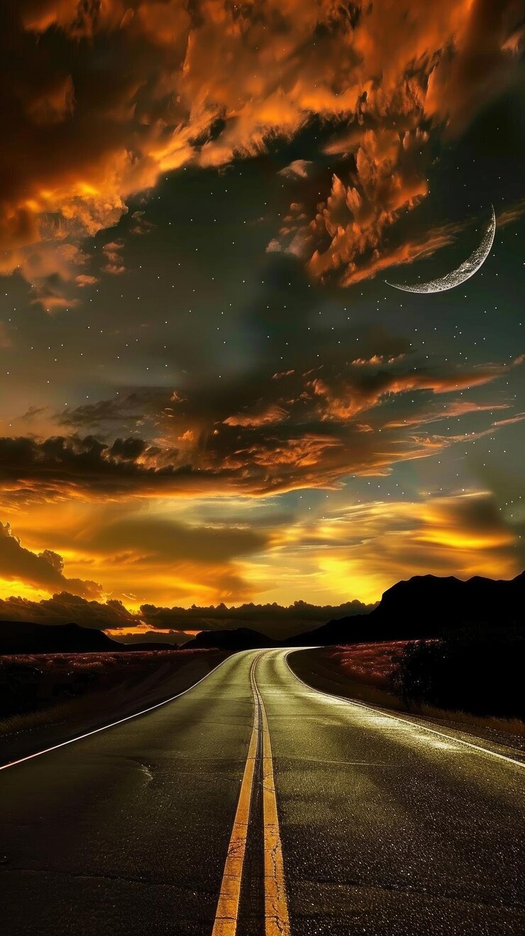 Uma estrada sinuosa se estende à distância sob um céu em chamas com tons de pôr-do-sol e uma lua crescente