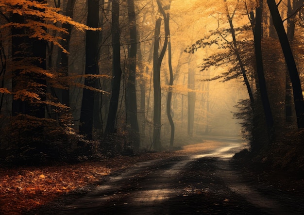 Uma estrada solitária através de uma floresta de outono