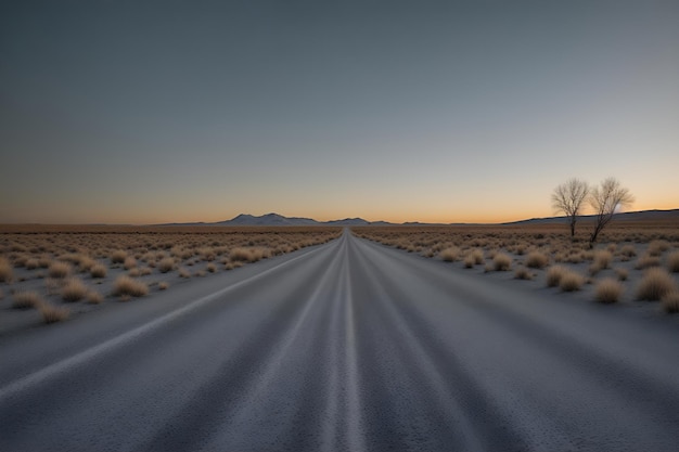 Uma estrada vazia no deserto que se estende em direção a uma cordilheira nebulosa à distância