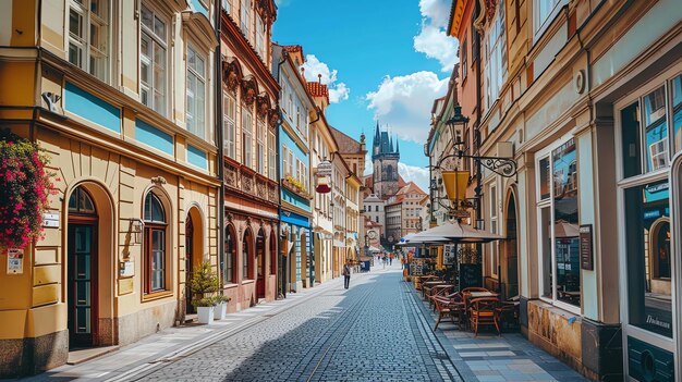 Uma estreita rua de paralelepípedos em uma cidade europeia A rua está alinhada com edifícios antigos e há algumas pessoas caminhando nela