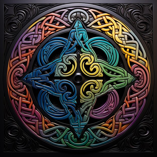 Foto uma estrela celta de cores brilhantes em um círculo com um fundo preto