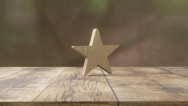 Uma estrela de madeira sobre uma mesa de madeira com fundo desfocado