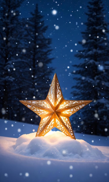 Uma estrela de Natal brilhando intensamente em uma noite de neve