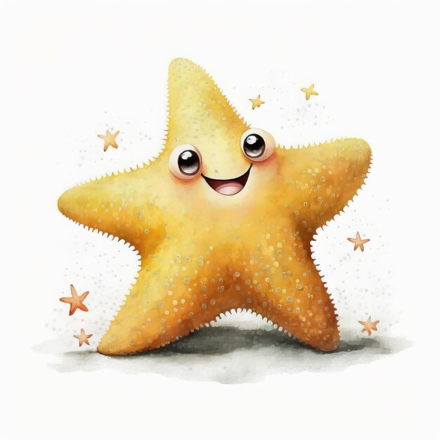 Foto uma estrela do mar amarela com um rosto sorridente e um sorriso nele.